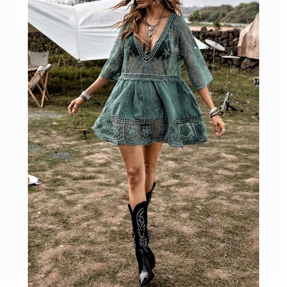 NEW Boho Embroidered Lace Cover Up Tunic Top Dress Sheer Mesh Floral Green - Picture 6 of 6